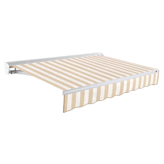 Awntech 18 Ft Destin Manual Heavy Duty Patio Retractable Awning with Protective Hood (216in x 10.38in x 120in), Linen/White Stripe