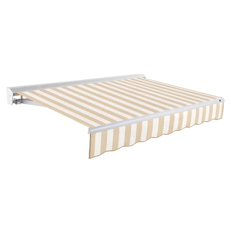 Awntech 18 Ft Destin Manual Heavy Duty Patio Retractable Awning with Protective Hood (216in x 10.38in x 120in), Linen/White Stripe