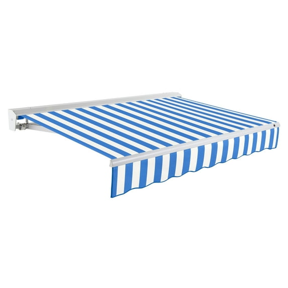Awntech 18 Ft Destin Manual Heavy Duty Patio Retractable Awning with Protective Hood (216in x 10.38in x 120in), Bright Blue/White Stripe