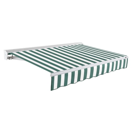 Awntech 10 Ft Destin Right Motorized Heavy Duty Patio Retractable Awning with Protective Hood (120in x 10.38in x 96in), Forest/White Stripe