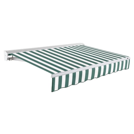 Awntech 24 Ft Destin Right Motorized Heavy Duty Patio Retractable Awning with Protective Hood (288in x 10.38in x 120in), Forest/White Stripe