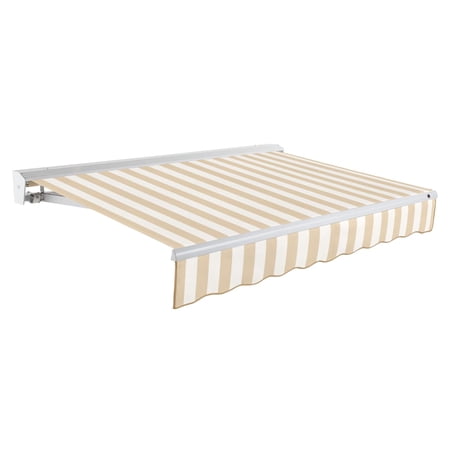 Awntech 24 Ft Destin Right Motorized Heavy Duty Patio Retractable Awning with Protective Hood (288in x 10.38in x 120in), Linen/White Stripe
