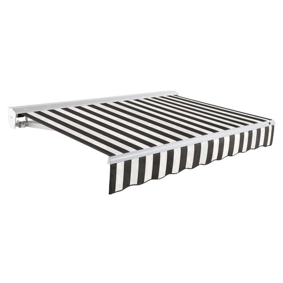 Awntech 10 Ft Destin Right Motorized Heavy Duty Patio Retractable Awning with Protective Hood (120in x 10.38in x 96in), Black/White Stripe