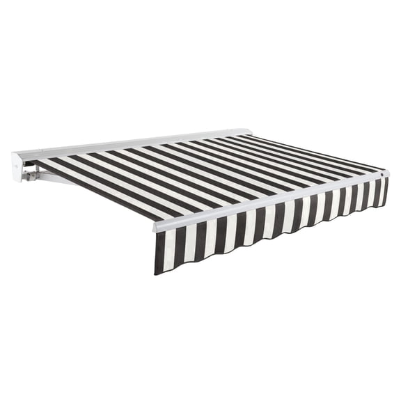 Awntech 10 Ft Destin Right Motorized Heavy Duty Patio Retractable Awning with Protective Hood (120in x 10.38in x 96in), Black/White Stripe