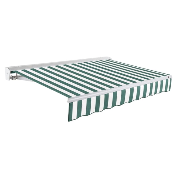 Awntech 10 Ft Destin Right Motorized Heavy Duty Patio Retractable Awning with Protective Hood (120in x 10.38in x 96in), Forest/White Stripe