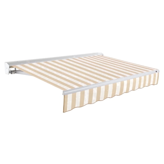 Awntech 8 Ft Destin Right Motorized Heavy Duty Patio Retractable Awning with Protective Hood (96in x 10.38in x 78in), Linen/White Stripe