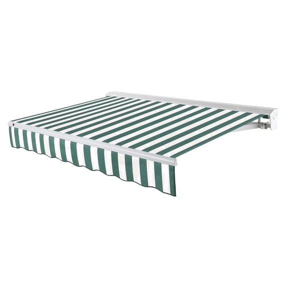 Awntech 18 Ft Destin Left Motorized Heavy Duty Patio Retractable Awning with Protective Hood (216in x 10.38in x 120in), Forest/White Stripe