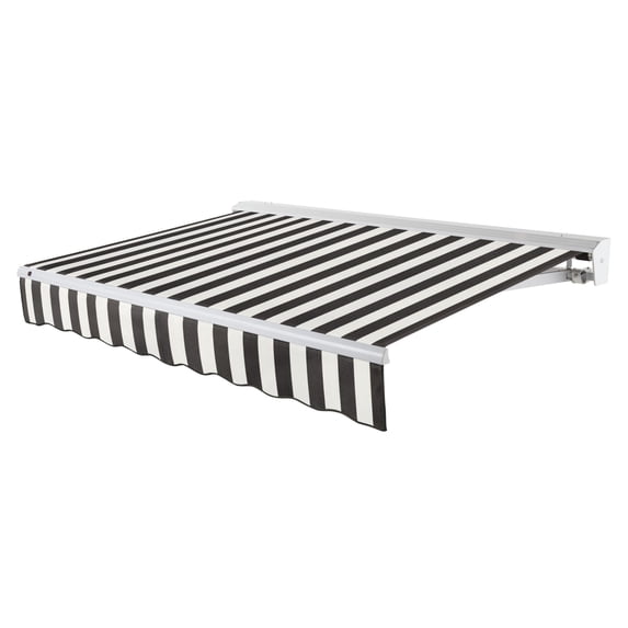 Awntech 18 Ft Destin Left Motorized Heavy Duty Patio Retractable Awning with Protective Hood (216in x 10.38in x 120in), Black/White Stripe