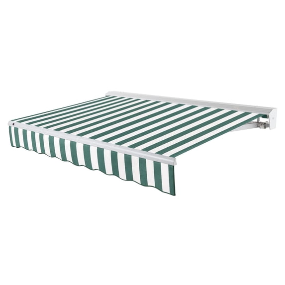 Awntech 16 Ft Destin Left Motorized Heavy Duty Patio Retractable Awning with Protective Hood (192in x 10.38in x 120in), Forest/White Stripe
