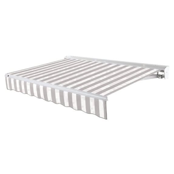 Awntech 10 Ft Destin Left Motorized Heavy Duty Patio Retractable Awning with Protective Hood (120in x 10.38in x 96in), Gray/White Stripe