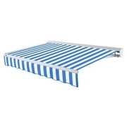 Awntech 10 Ft Destin Left Motorized Heavy Duty Patio Retractable Awning with Protective Hood (120in x 10.38in x 96in), Bright Blue/White Stripe