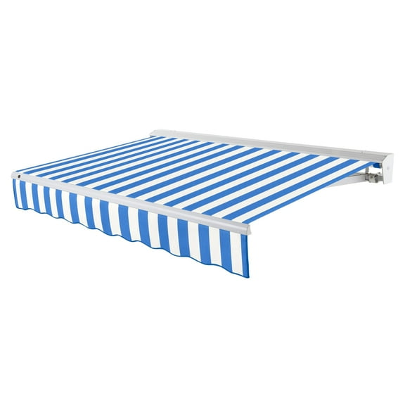 Awntech 10 Ft Destin Left Motorized Heavy Duty Patio Retractable Awning with Protective Hood (120in x 10.38in x 96in), Bright Blue/White Stripe