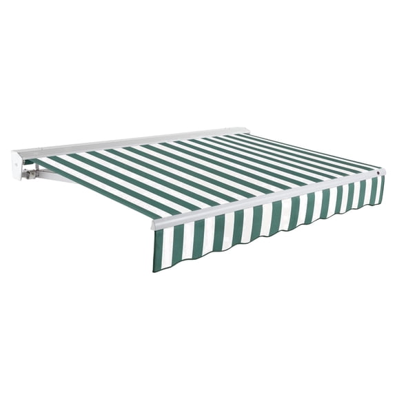 Awntech 14 Ft Destin Right Motorized Heavy Duty Patio Retractable Awning with Protective Hood (168in x 10.38in x 120in), Forest/White Stripe