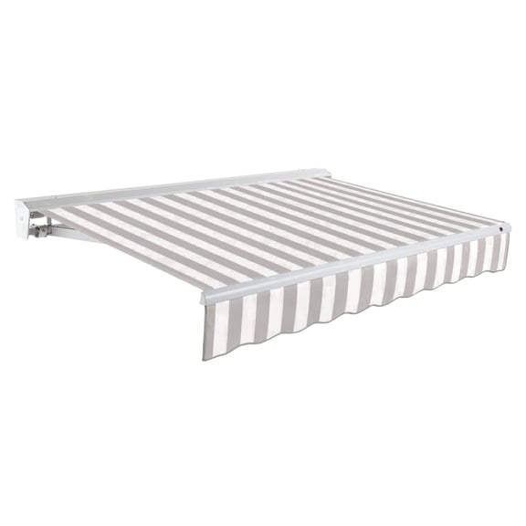 Awntech 18 Ft Destin Right Motorized Heavy Duty Patio Retractable Awning with Protective Hood (216in x 10.38in x 120in), Gray/White Stripe