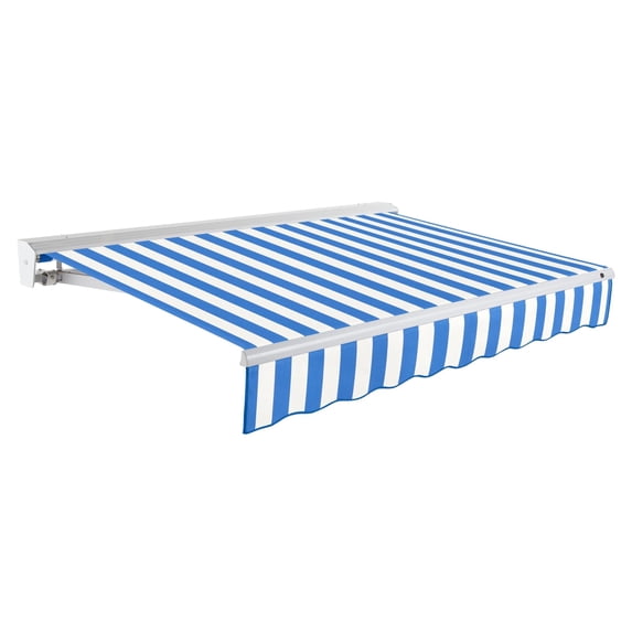 Awntech 24 Ft Destin Right Motorized Heavy Duty Patio Retractable Awning with Protective Hood (288in x 10.38in x 120in), Bright Blue/White Stripe