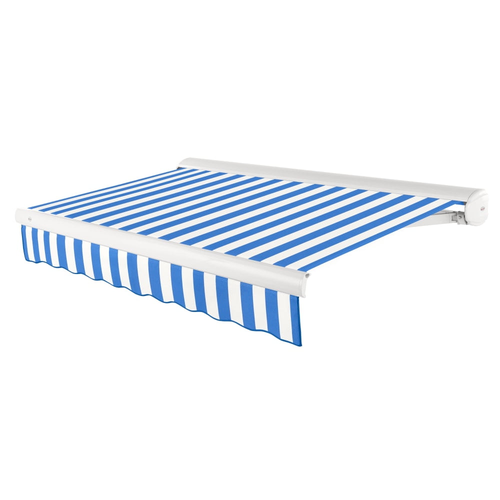 Blue and White Striped Motorized Retractable Patio Awning with Cassette