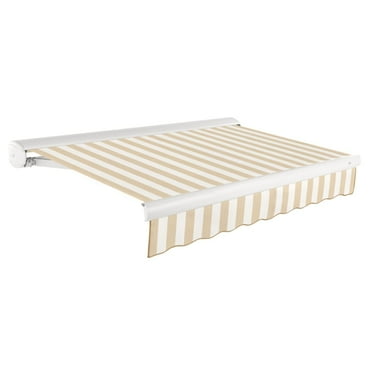 Awntech 20 Ft Key West Right Motorized Heavy Duty Patio Retractable Awning with Cassette (240in x 9.38in x 120in), Linen/White Stripe