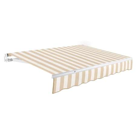 Awntech 16 Ft Maui Manual Heavy Duty Patio Retractable Awning (192in x 9.25in x 120in), Linen/White Stripe