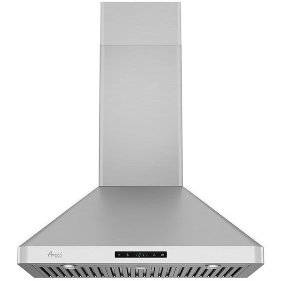 Awoco 30"W x 20"D x 12"H Wall Mount Stainless Steel Range Hood, 3 Speeds, 6” Round Top Vent, 800CFM, 2 LED Lights, Remote Control Included