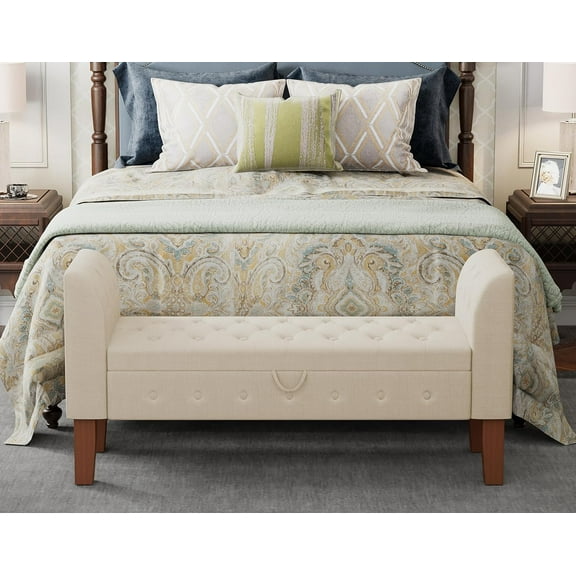 Awonde Storage Upholstered End of Bed with Storage Armed Ottoman Button Tufted Bedroom Entryway Living Room Settee Beige Linen