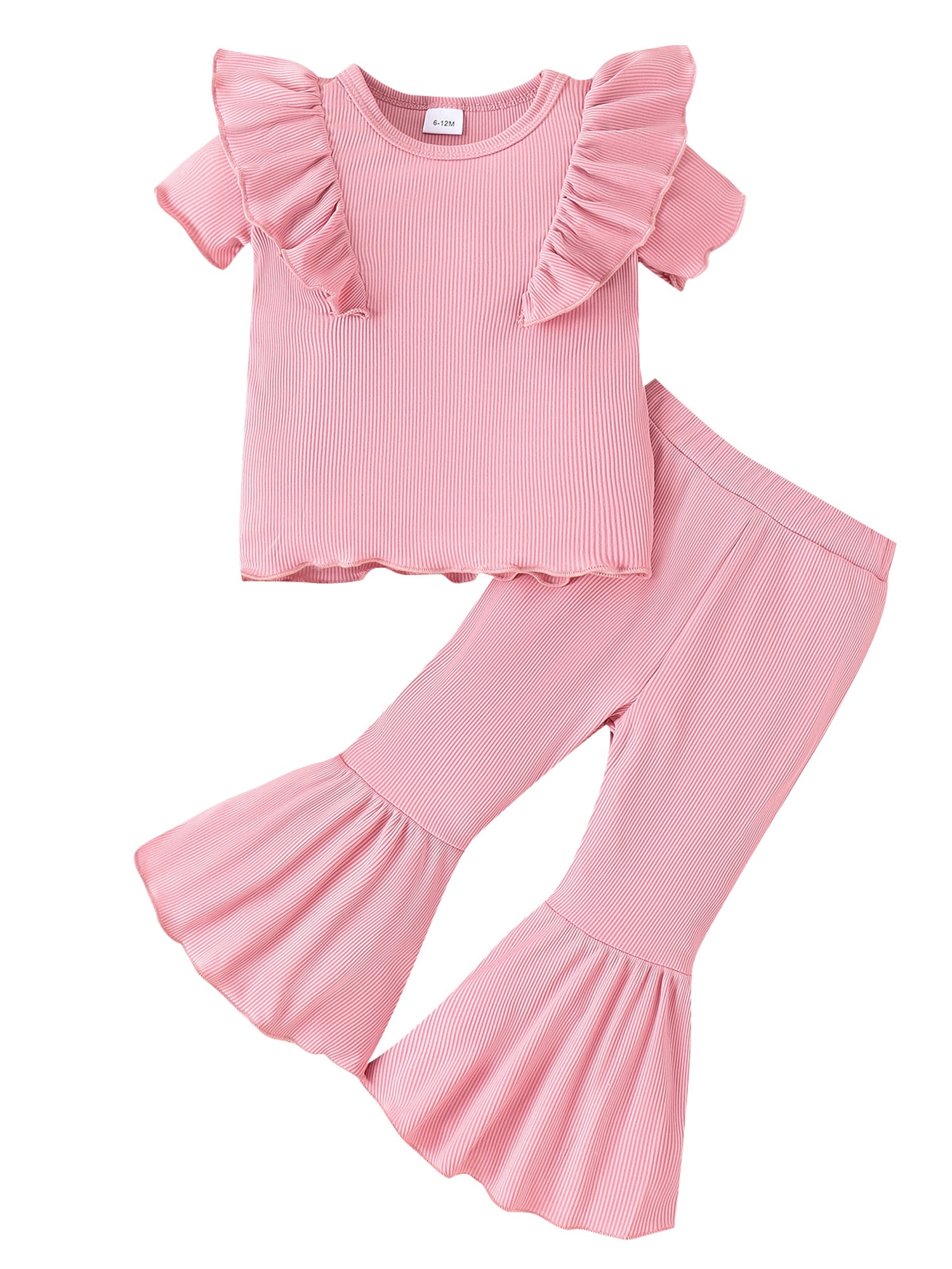 Toddler Ruffle Bottom Awoscut Toddler Baby Girl Solid Color Bell Bottom 2Pcs Summer Clothes ...