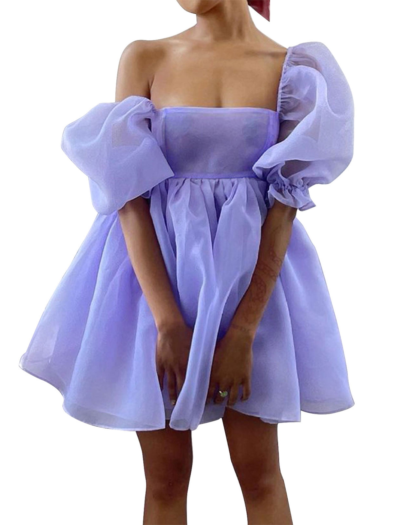 Awoscut Women Off Shoulder Puff Sleeve Mini Dress Tulle Princess Dress  Ruffle Mesh Evening Party Prom Dress 