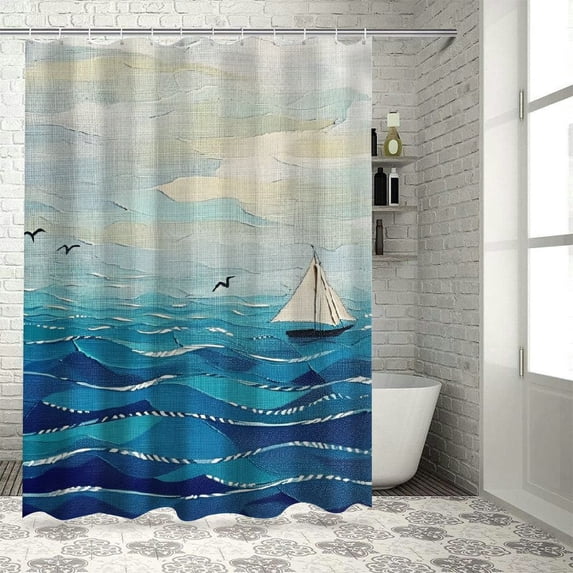 Awpe Aqua Graphic Ocean Waves Sailboat with Birds Seagulls Seascape Horizon Maritime Bathroom Shower Curtain Set with Hooks Waterproof Multiple Sizes White