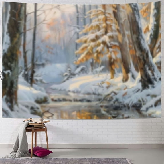 Awpe Home Wall Tapestry Art Snow River Forest Nature Wilderness Illustrations Painting
