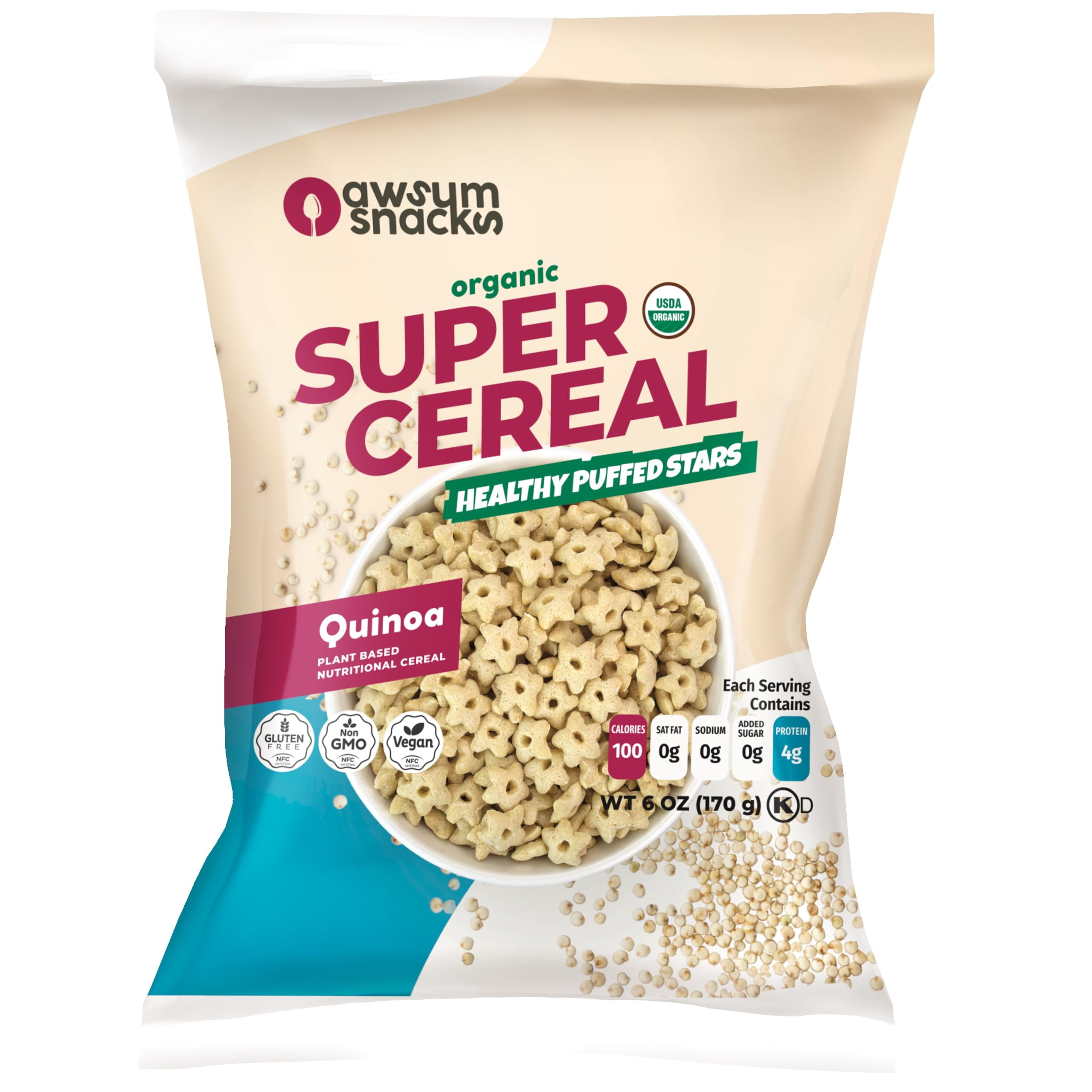 Awsum Snacks SUPERCEREAL 6oz - Certified USDA Organic, Vegan, Gluten Free, Non GMO, Kosher & Grain, Dairy and Sugar Free Cereals - Diabetic Healthy Snack - Cereal Puffed Quinoa PlainRDC15