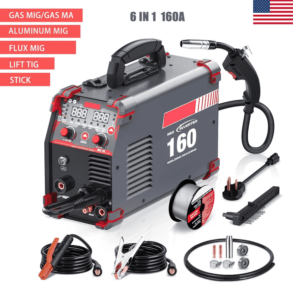 Awt Simplified Aluminum 160A MIG Welder,6 in 1 Gas MIG/Gasless Flux Core MIG/Stick/Lift TIG/Aluminum MIG Welding Machine, 110/220V Dual Voltage,Multi-Process Welding Machine