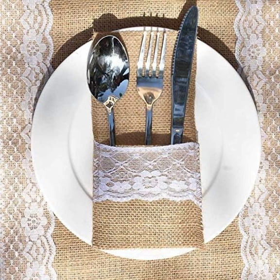 Awtlife 60 Packs Xmas Burlap Lace Utensil Holders Silverware Cutlery Pouch Knifes Forks Bag for Vintage Wedding