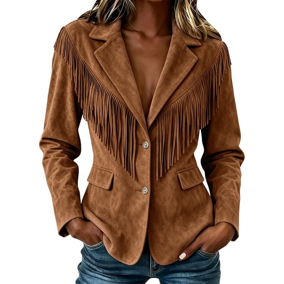 Awwp Fringe Western Jacket Women Faux Suede Vintage Cowgirl Style Tassel Button up Long Sleeve Lapel Womens 2026 New Khaki S