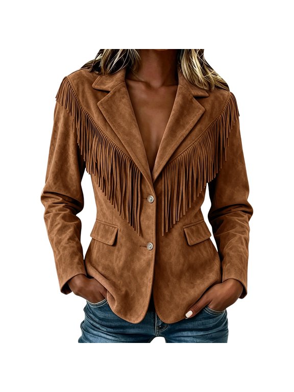 Fringe Western Jacket Women Faux Suede Vintage Cowgirl Style Tassel Button up Long Sleeve Lapel Womens 2026 New Khaki S