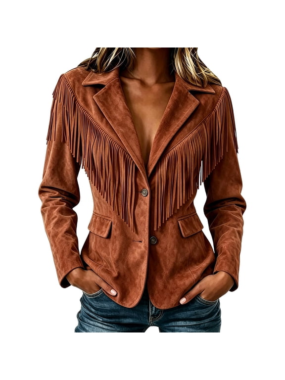Fringe Western Jacket Women Faux Suede Vintage Cowgirl Style Tassel Button up Long Sleeve Lapel Womens 2026 New Red S