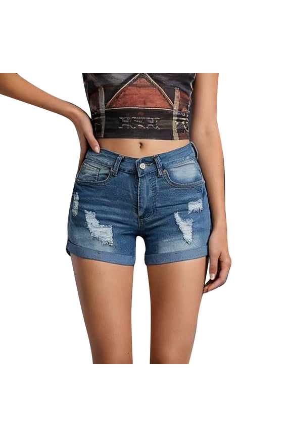 High Waisted Denim Shorts with Patch Pockets Light Blue XL
