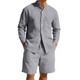thumbnail image 1 of Awwp Men Set American Casual Summer Linen Men's Suit Loose Long Sleeved Short Pants And Shirt Set for Men Dark Gray M, 1 of 6