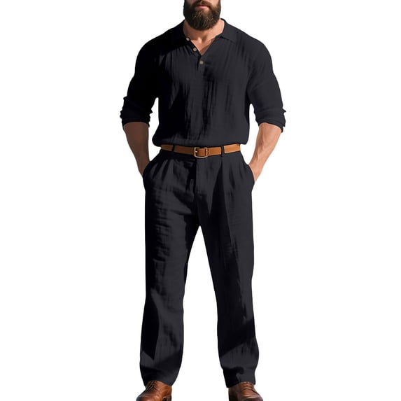 Awwp Men Set Autumn Men's Linen Suit Featuring Loose Long Sleeved Pants And Casual Trousers A Two Piece Men's Outfit Set. Black L