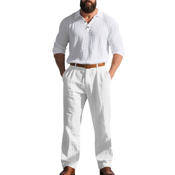 Awwp Men Set Autumn Men's Linen Suit Featuring Loose Long Sleeved Pants And Casual Trousers A Two Piece Men's Outfit Set. White XXXL