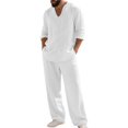 thumbnail image 1 of Awwp Men Set Linen Suit Men's Clothing Casual Beach V Neck Loose Long Sleeved Pants Sports Suit for Men White M, 1 of 4