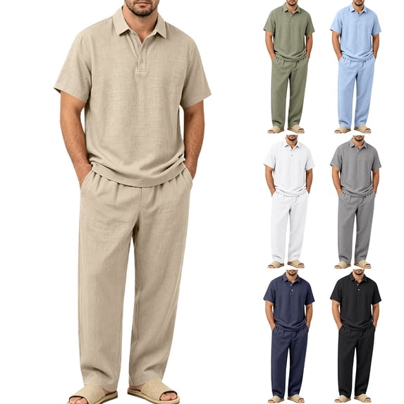 Awwp Men's Linen 2 Piece Outfits Short Sleeve Shirts & Long Pants Set Casual Loose Summer Matching Vacation Suit White Size: 2Xl