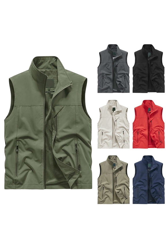 Men's Softshell Vest Outerwear Zip up Sleeveless Fishing Vests Outdoor Casual Multi Pocket Jacket for Hiking Red Size: 5Xl