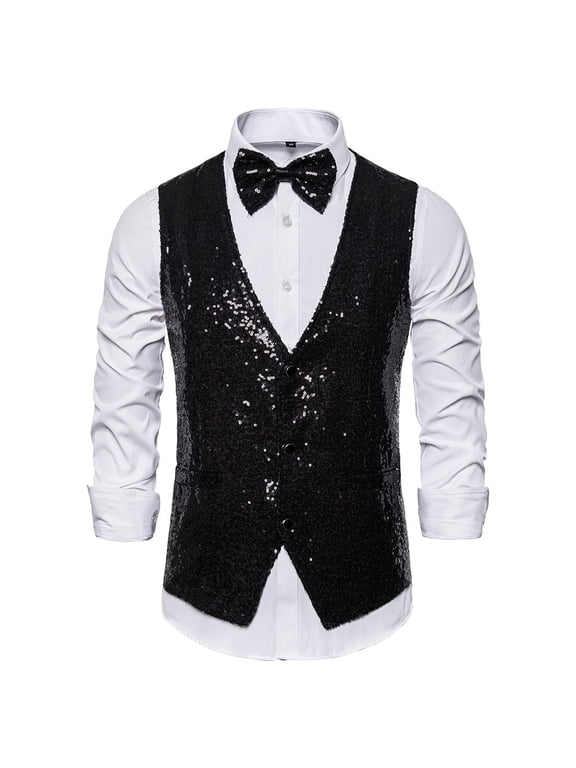 Mens Vest, Slim Fit Suit Vest with Bow Tie for Business, Wedding (Shirt Not Included) Chaleco Para Hombre Black L