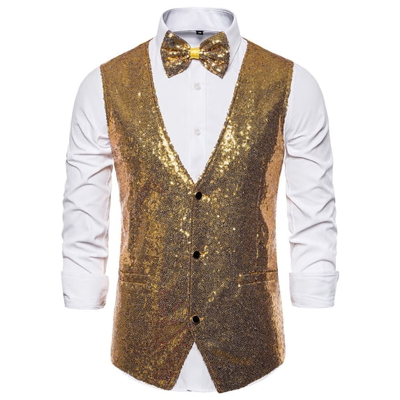 Awwp Mens Vest, Slim Fit Suit Vest with Bow Tie for Business, Wedding (Shirt Not Included) Chaleco Para Hombre Gold L