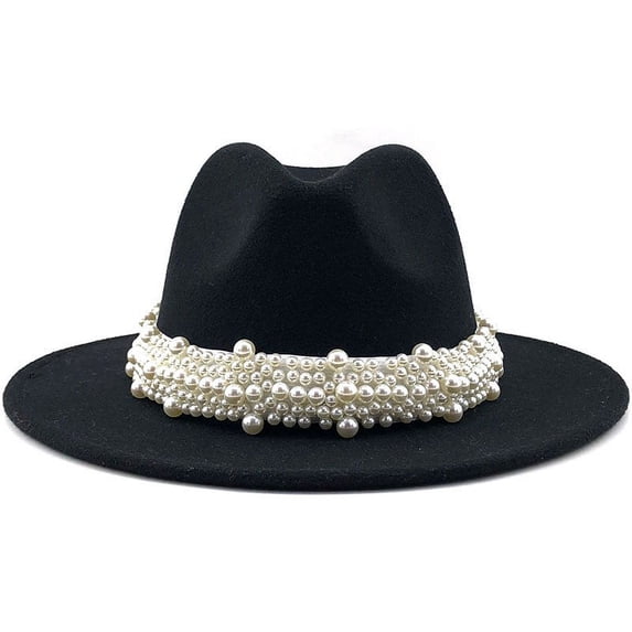 Awwp Pearl Band Fedora Hats for Women British Fashion Elegant Wide Brim Panama Hat Temperament Lightweight Classic Hat Black L