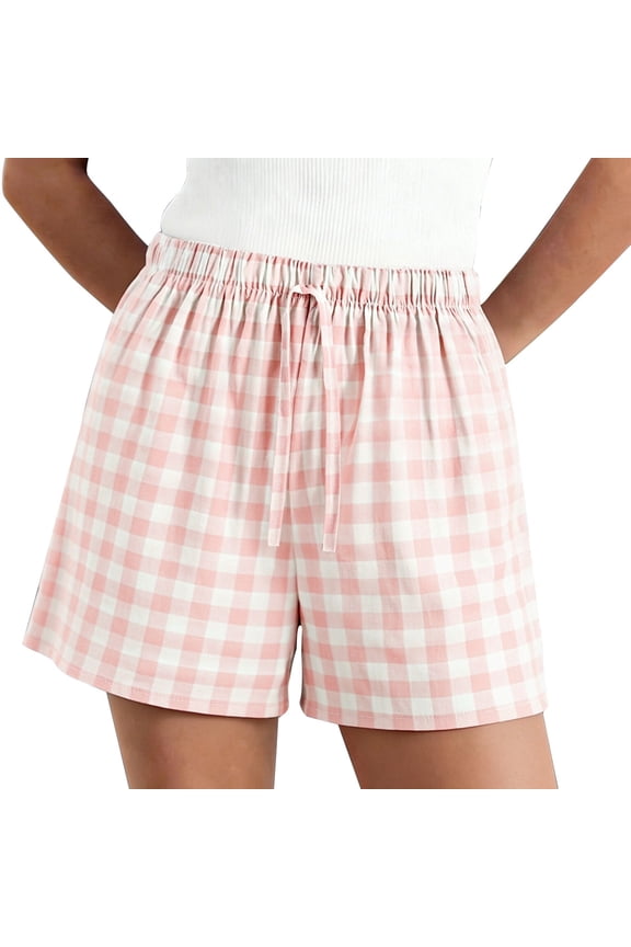 Summer Cotton and Linen Short Pants for Women Casual Plus Size Printed Check Pants Versatile Wide Leg Pants. Pink S