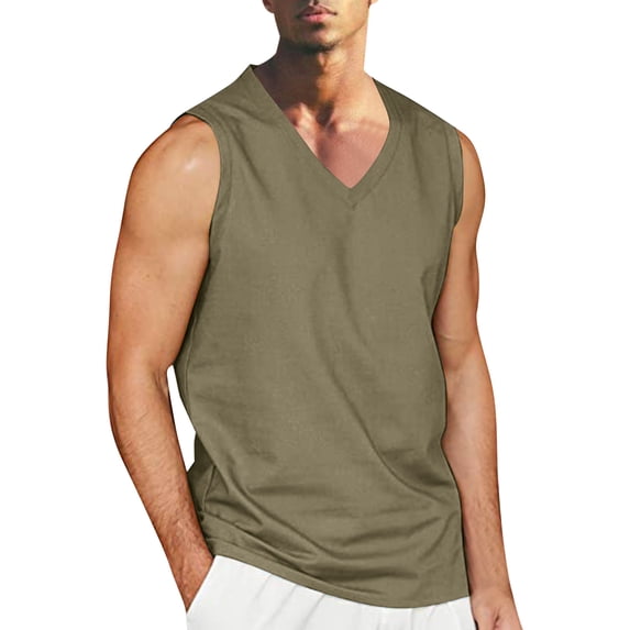Awwp Tank Tops Men, Summer Beach Classic Solid Color V Neck Cotton Sleeveless Shirts for Men Green L
