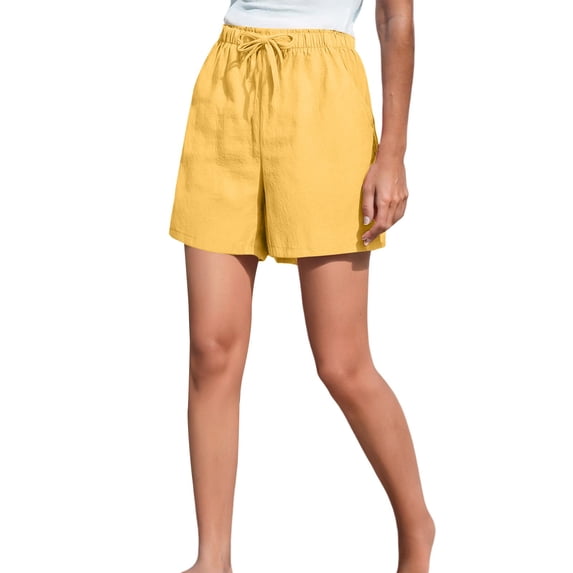 Awwp Women Solid High Waist Cotton and Linen Shorts Pants Casual Beach Shorts Women's Casual Loose Wide Leg Short Yellow M