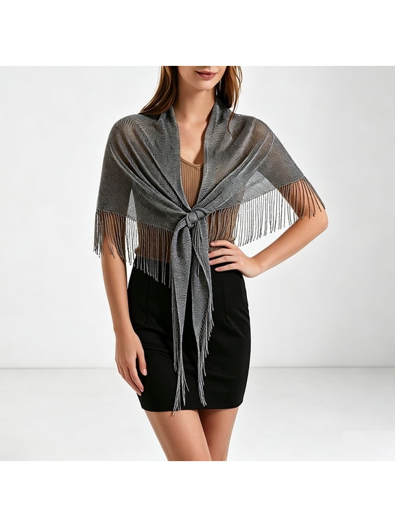 Women's Boho Fringe Crochet Shawl Warp Hollow Out Knitted Wrap Cape Cardigan for Wedding Formal Cocktail Party Black