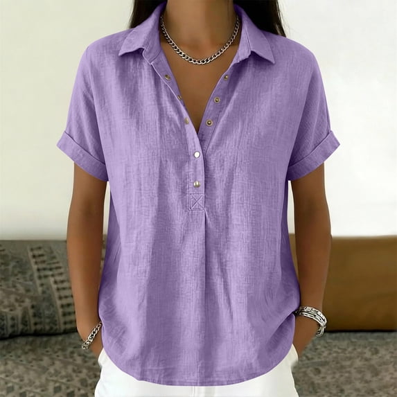 Awwp Women's Button down Short Sleeve V-Neck Linen Cotton Shirt, Lavender Purple 3Xl