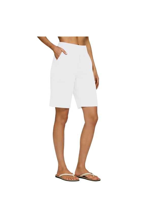 Women's Cotton Linen Pants for Spring and Summer 2026 High Waisted Buttoned Five Quarter Pants Beach Casual Vacation Pants White S